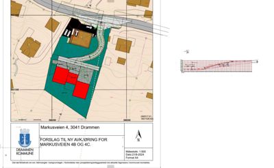 Situasjonsplan som viser tomtens beliggenhet i forhold til nabolag, veier og eksisterende bygninger. Planen illustrerer også et forslag til ny avkjøring (grønnfarget område) og plassering av nye bygninger (røde felter).