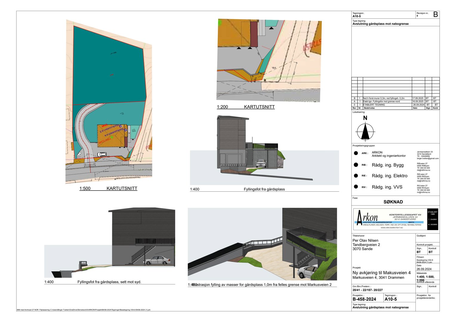 En samling av 3D-visualiseringer (renderinger) som viser ulike vinkler og detaljer av en planlagt fylling på et gardsplass, inkludert etasjeplaner og fasadeoppriks.