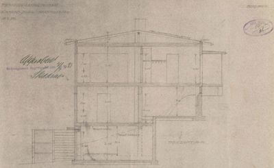 Snittegning som viser bygningens tverrsnitt med romfordeling, høyder og konstruksjonsdetaljer.