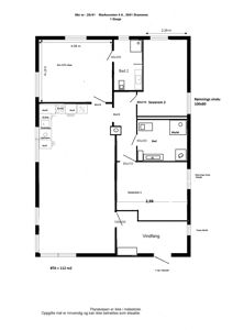 Etasjeplan (1. etasje) for en leilighet på Markusveien 4 A i Drammen, med romfordeling, mål og vindusopplysninger.
