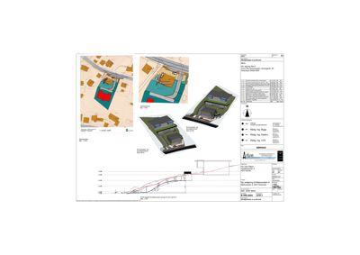 Situasjonsplan med 3D-visualiseringer av bygningene sett fra ulike vinkler, samt et snitt som viser grunnvannsnivå og terrengforhold.