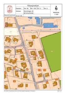 Situasjonskart som viser eiendomsnummer, adresse, nabolag, veier og grunneiergrenser.
