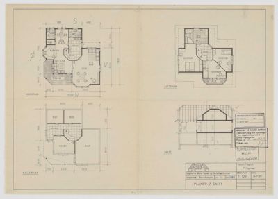 Et sammensatt ark med flere tegninger: etasjeplaner (Hovedplan, Loftplan, Kjellerplan), et snitt (Snitt) og en tegningsliste.