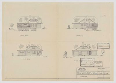 Fasadetegning som viser bygningens utsyn fra fire sider (Nord, Øst, Syd, Vest).