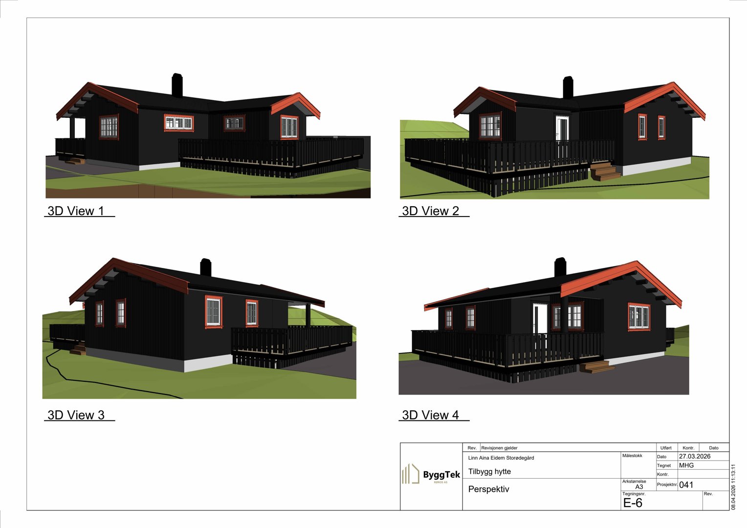 Bildet viser fire ulike perspektiv (3D View 1-4) av en planlagt hytte, som er en 3D-visualisering.