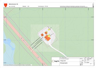 Situasjonsplan som viser plassering av en ny hytte i forhold til eksisterende vei (Mellomrikveien) og terrengforhold.