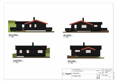 Fasadetegning som viser bygningens utseende fra fire sider (Nord, Sør, Vest, Øst) med skala 1:100.