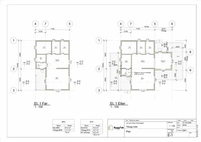 Etasjeplan (1. etasje) som viser romfordeling før og etter en utvidelse av hytta.