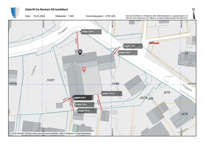 Kartutsnitt fra Norkart AS som viser eiendomsgrenser, areal og eiendomsnummer.