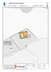 Situasjonsplan som viser tomtens form (142/10), topografi (konturlinjer), nabotomter (142/11), eksisterende bygninger og planlagt byggefelt.