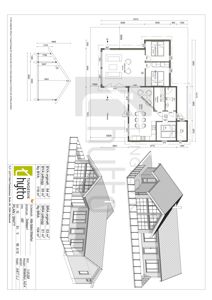 En tegning som viser etasjeplan (plan) for en hytte, inkludert romfordeling, mål og en snittegning (snitt) av bygningen.
