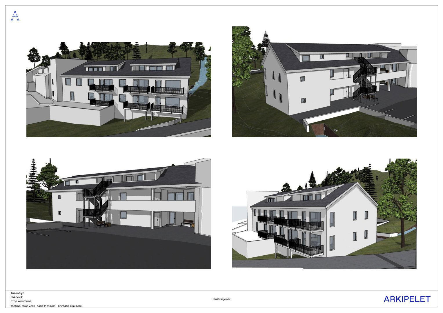 En samling av fire 3D-visualiseringer (renderinger) som viser ulike vinkler på et planlagt boligprosjekt.