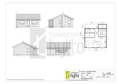 Fasadetegning med oppriss av bygningens sider og etasjeplan