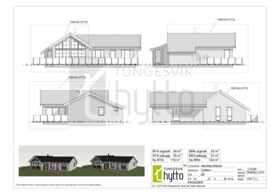 Fasadetegning med oppriss av bygning sett fra fire ulike vinkler, samt to 3D-renderinger nederst.
