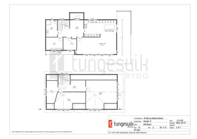 Etasjeplaner (1. og 2. etasje) med romfordeling, dører, vinduer og mål.