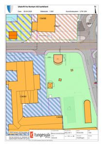 Situasjonsplan som viser tomtedeling, eiendomsnummer (f.eks. 134/66), bygningers plassering, veier og arealoppdelinger.