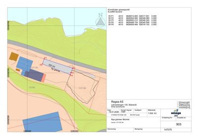 Situasjonsplan som viser tomtens grenser, eksisterende og nye bygninger, samt koordinater for grensepunkter.