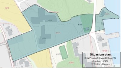 Situasjonsplan som viser tomtens grenser, naboeiendommer og bygningers plassering i forhold til hverandre.