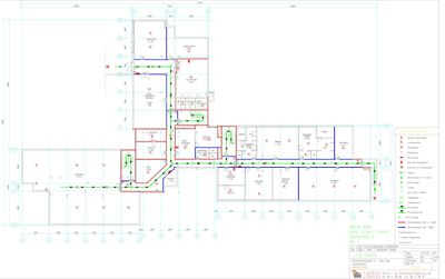 Etasjeplan med romfordeling, vegger og tekniske installasjoner (VVS, el, brann).