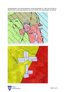 Situasjonsplan som viser tomtens inndeling (fargekoding) og plassering av bygninger i forhold til veier og naboeiendommer.