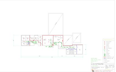 Etasjeplan eller plantegning som viser romfordeling, veggkonstruksjoner og tekniske installasjoner (vann, avløp, varme) i et bygg.