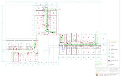 Etasjeplan med romfordeling, vegger og teknisk symbolikk for en bygning.