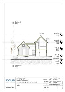 Snittegning (Snitt 1) av en bygning med oppgitt høyder og etasjer.