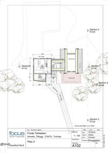 Etasjeplan (Plan 2) for en tilbygg/annex-prosjekt med romfordeling, dimensjoner og snittreferanser.