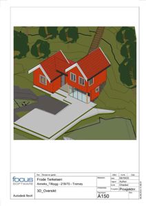 3D-visualisering (rendering) av et planlagt hus med omgivende terreng og beplantning.
