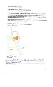 Avstandserklæring med utsnitt av situasjonsplan som viser eiendomsgrenser og naboeiendom.
