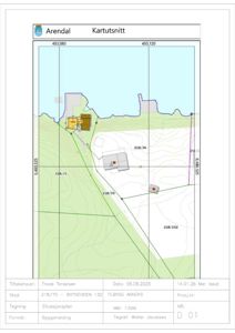 Situasjonsplan (kartutsnitt) som viser tomtens beliggenhet, nabotomter, høydeforhold og prosjekteringslinjer.