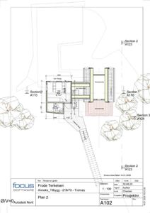 Etasjeplan (Plan 2) for en tilbygg/annex-prosjekt med romfordeling, dimensjoner og snittreferanser.