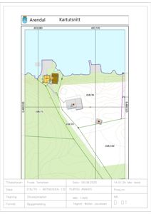 Situasjonsplan (kartutsnitt) som viser tomtens beliggenhet, nabotomter, høydeforhold og prosjekteringslinjer.