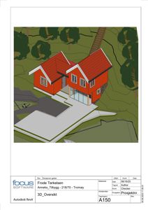 3D-visualisering (rendering) av et planlagt hus med omgivende terreng og beplantning.