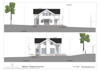 Fasade tegning som viser bygningens utseende sett fra syd og nord, inkludert høydeangivelser og terrengforhold.