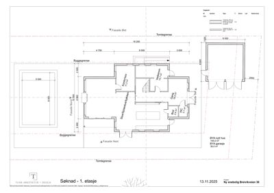 Etasjeplan (1. etasje) med romfordeling, mål og situasjonslinjer.