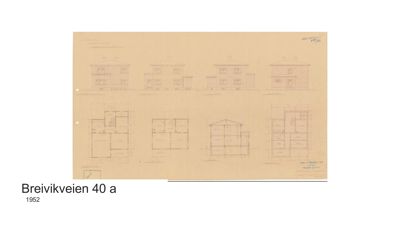 Bildet viser en tegning med flere varianter av et hus, inkludert fasader og etasjeplaner.