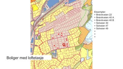 Kart over et boligområde med markerte eiendommer og adresser.
