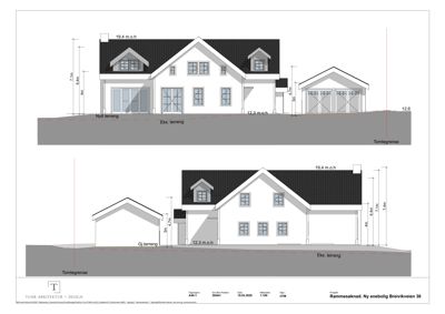 Fasadetegning som viser fronten av en planlagt enebolig og garasje, med høydeangivelser og terrengforhold.