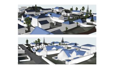 3D-visualisering av et boligområde med flere hus, vegger og trær.