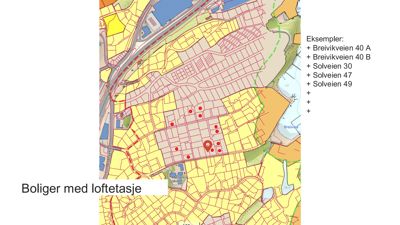 Kart over et byområde med eiendomsgrenser, veier og vannmasser, med markerte adresser og en liste over eksempler på boliger.