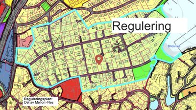 Reguleringsplan som viser arealbruk, vegnett og eiendomsgrenser i et byområde.