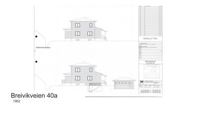 Bildet viser en fasadetegning med to utsnitt av en bygning (eksisterende og planlagt), samt en garasje.