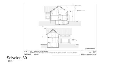 Bildet viser to snittegninger (Snitt A og Snitt B) av en bolig, som viser tverrsnittet gjennom bygningen med høydemål og romfordeling.
