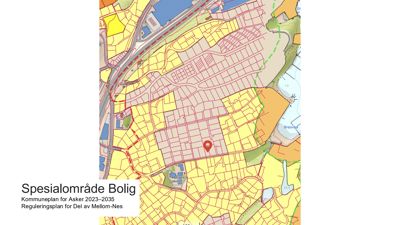 Kommuneplan eller reguleringsplan som viser arealbruk og tomteinndeling i et nabolag.