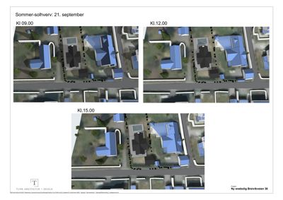 3D-visualiseringer (renderinger) som viser solhverv for et planlagt bygg ved ulike tidspunkter på en sommerdag.