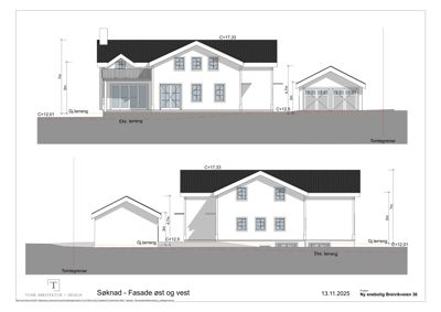 Fasade tegning som viser bygningens utseende sett fra øst og vest, inkludert høydeangivelser og terrengforhold.