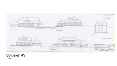 Bildet viser en tegning med fasadetegninger (fra nord, vest, syd og øst) og et snitt av en bolig.
