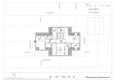 Etasjeplan (rammesøknad) som viser romfordeling, arealer og snittlinjer for en bolig.