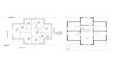 Bildet viser to etasjeplaner (plantegninger) av en bolig. Den venstre delen viser et detaljert plan med romnavn og areal, mens den høyre delen viser et mer grovt plan over loftet.